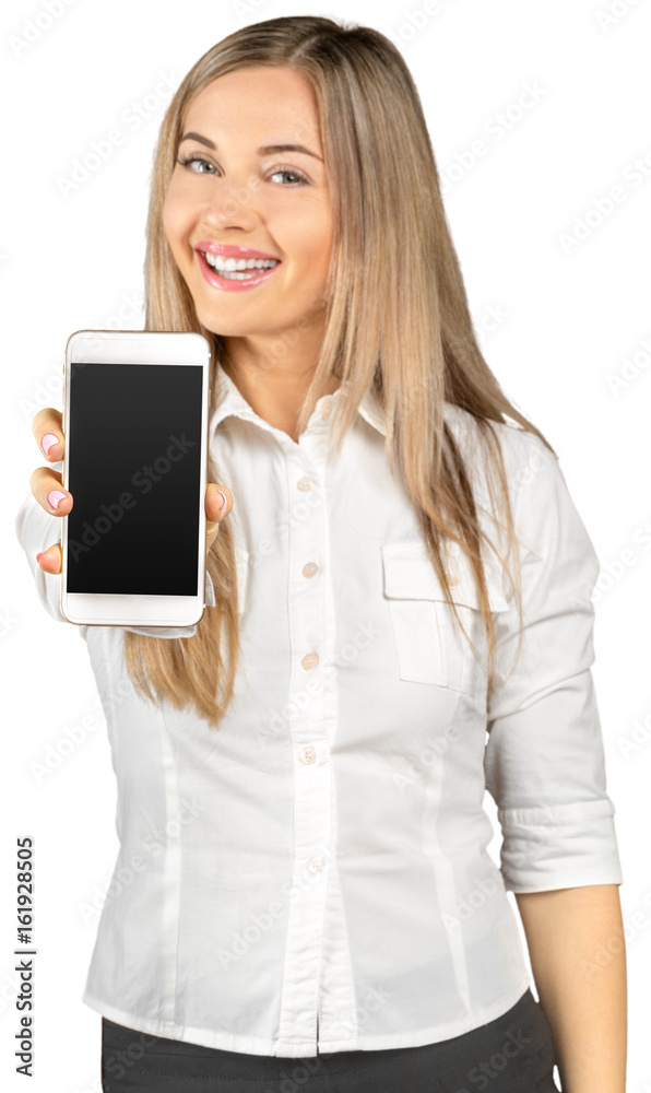 successful businesswoman with cell phone, isolated on white background successful businesswoman with cell phone, isolated on white background