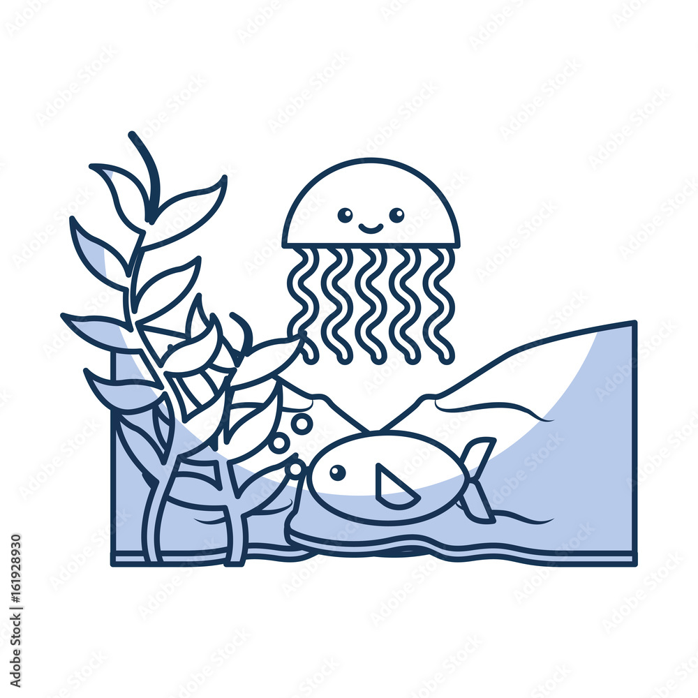 Obraz premium cute jellyfish with fish sealife icon vector illustration design