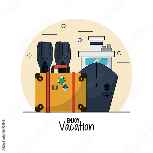 white background of enjoy vacation with fins and luggage and cruise vector illustration