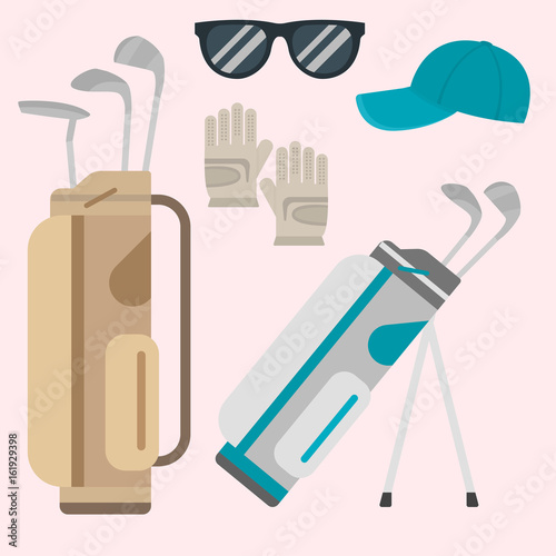 Vector set of stylized golf icons hobby equipment collection cart golfer player sport symbols