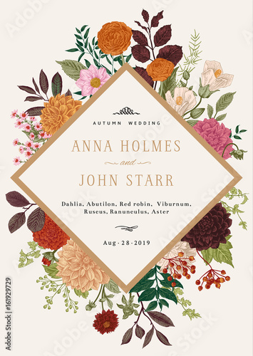 Wedding invitation. Summer and autumn flowers. Dahlias, Ruscus, Viburnum, Ranunculus. Modern floristics. Vector illustration. Colorful.