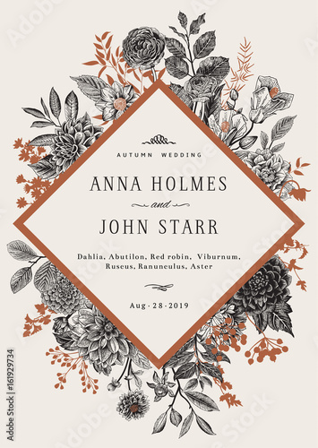 Wedding invitation. Black and white autumn flowers. Dahlias, Ruscus, Viburnum, Ranunculus. Modern floristics. Vector illustration.