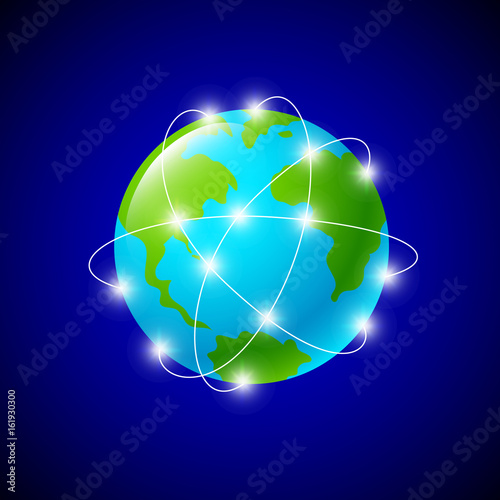 Internet connections and network around the globe. Represented by a global international sphere showing the communications among cities and continents. Icon design, illustration.