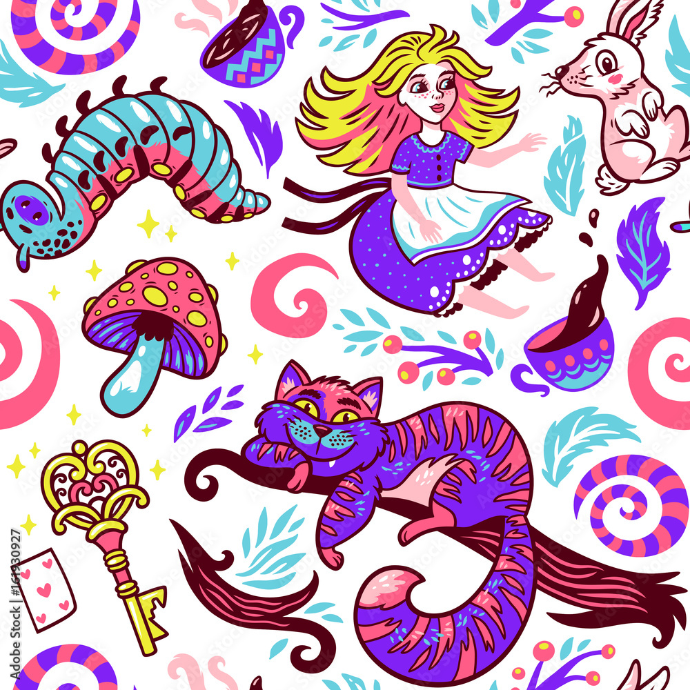 Fairytale background with cute cartoon characters from Alice in wonderland Stock Vector | Adobe Stock Fairytale background with cute cartoon characters from Alice in wonderland Stock Vector | Adobe Stock