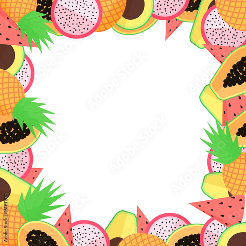 Vector exotic fruit frame with papaya, avocado, pineapple, dragon fruit and watermellon. Usable for cards.