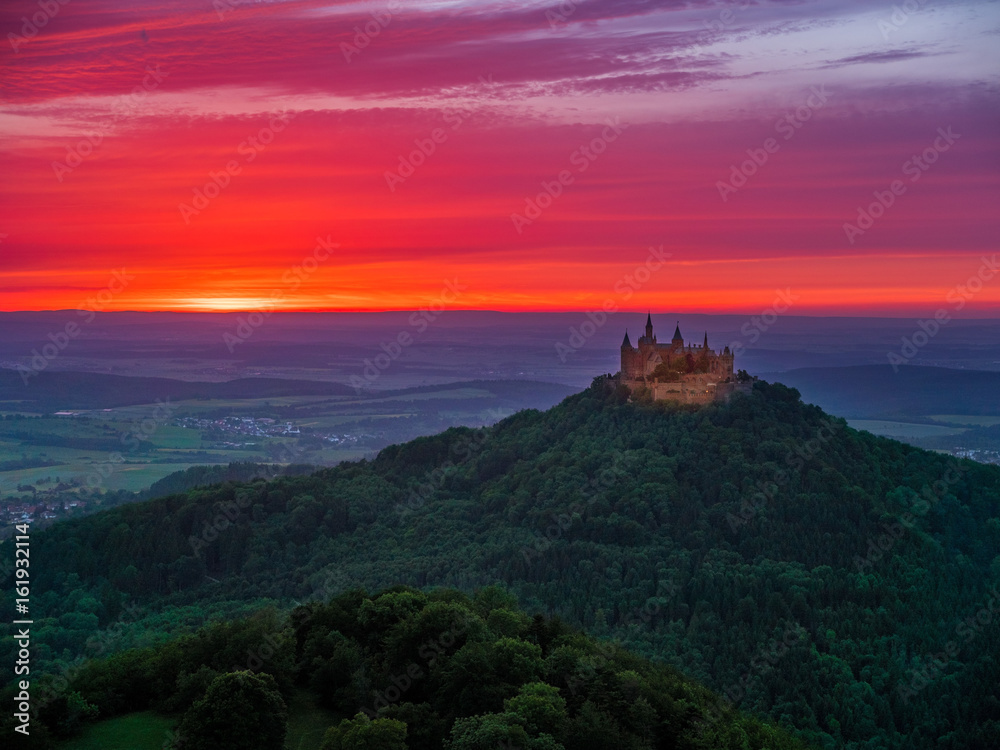 Evening mood with sunset near Burg Hohenzollern Castle, Swabian Alb, Baden-Wuerttemberg, Germany, Europe