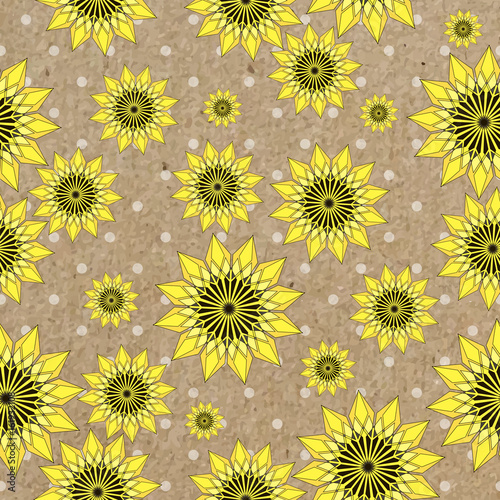 Vector seamleess background with yellow sunflowers on kraft paper