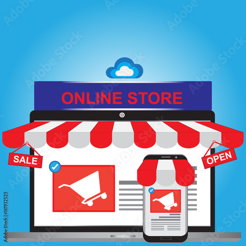 Online shopping concept with silver open shop laptop and mobile open shop with screen sell and open - Shop Online concept