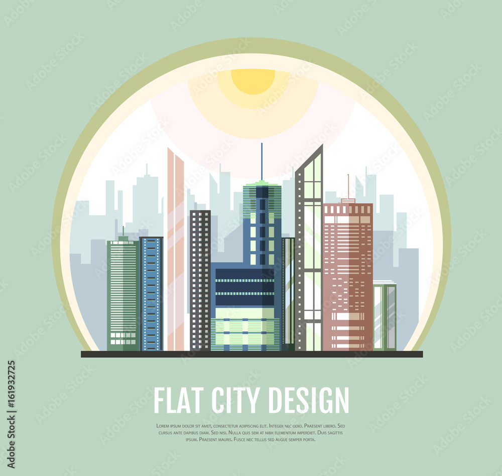 Flat style modern design of urban city landscape. Vector icon set