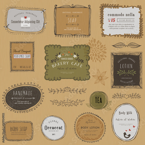 Vintage hand drawn labels, frames, flowers and floral dividers. Good for package design, promo signs and logo design.Vector illustration.