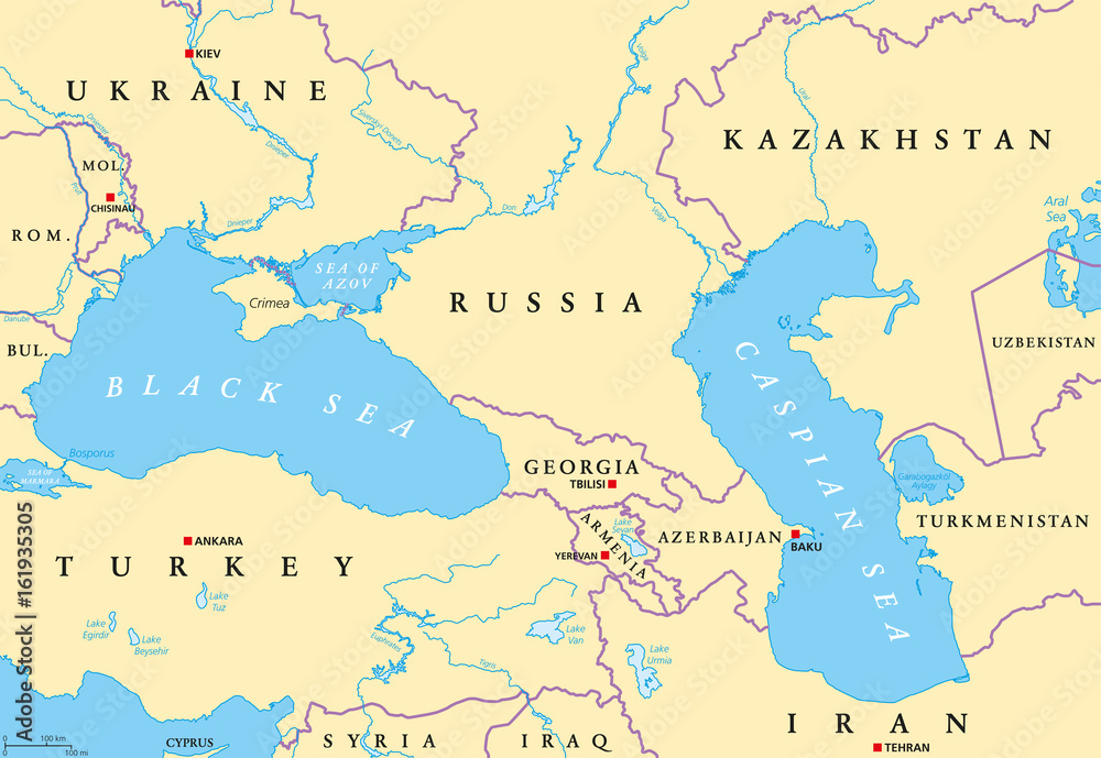Black Sea And Caspian Sea Region Political Map With Capitals International Borders Rivers And