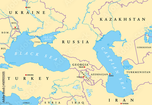 Black Sea and Caspian Sea region political map with capitals, international borders, rivers and lakes. Bodies of water between Eastern Europe and Western Asia. Illustration. English labeling. Vector. photo