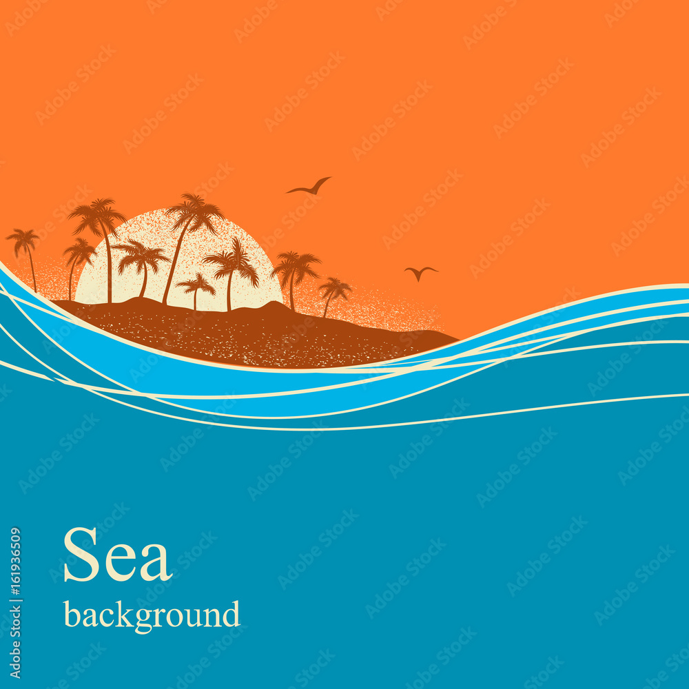 Fototapeta premium Ocean waves and tropical island.Vector background