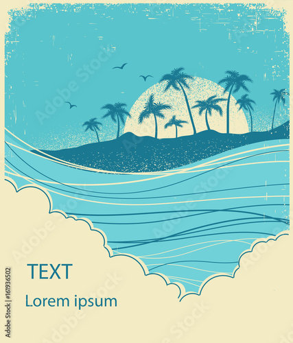 sea waves and island vector vintage graphic illustration of water seascape