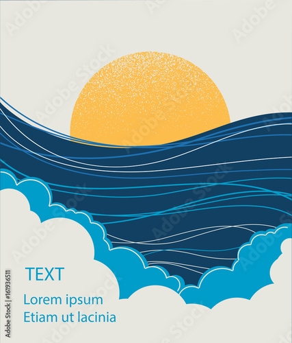 Sea wave and yellow sun.Seascape illustration for text