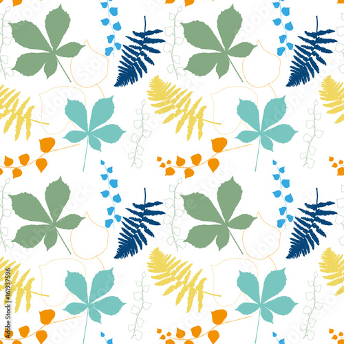 Vector floral pattern with  chestnut tree , ivy and fern leaves outlines.