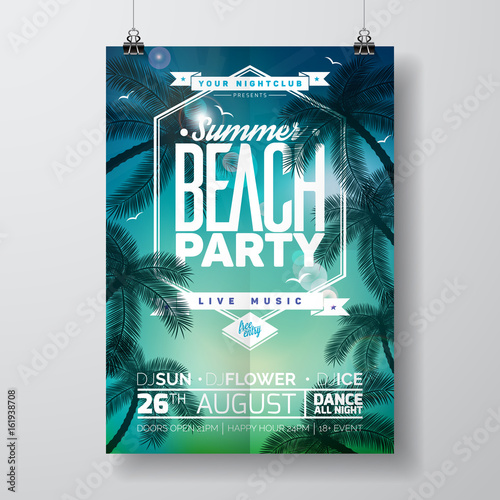 Summer Beach Party Flyer Design with typographic design on nature background with palm trees.