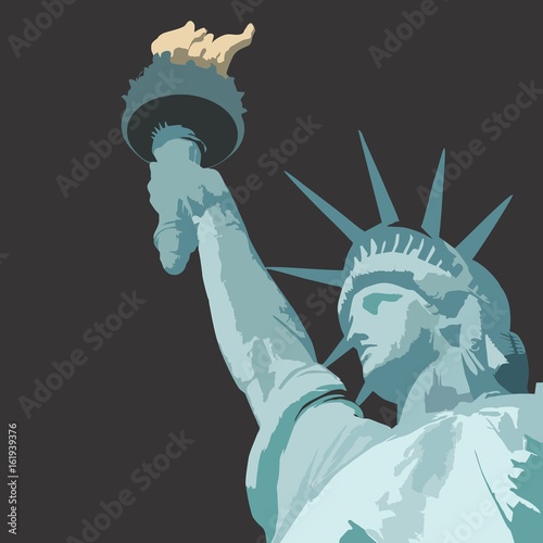 Statue of liberty close up with torch vector illustration with bronze patina and grey background