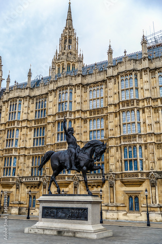 Forefront of the Statue of King Richard I (Richard the Lionheart) outside the Houses of Parliament, London