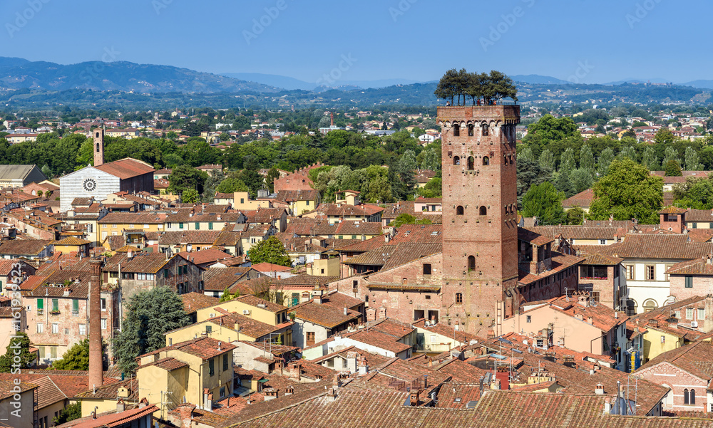 view of Lucca and the Torre Guinigi (Guinigi Tower), tuscany, italy