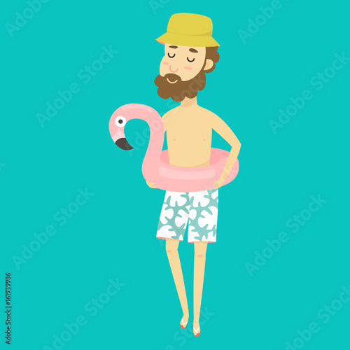 Vector man with rubber ring on holiday. Cartoon illustration