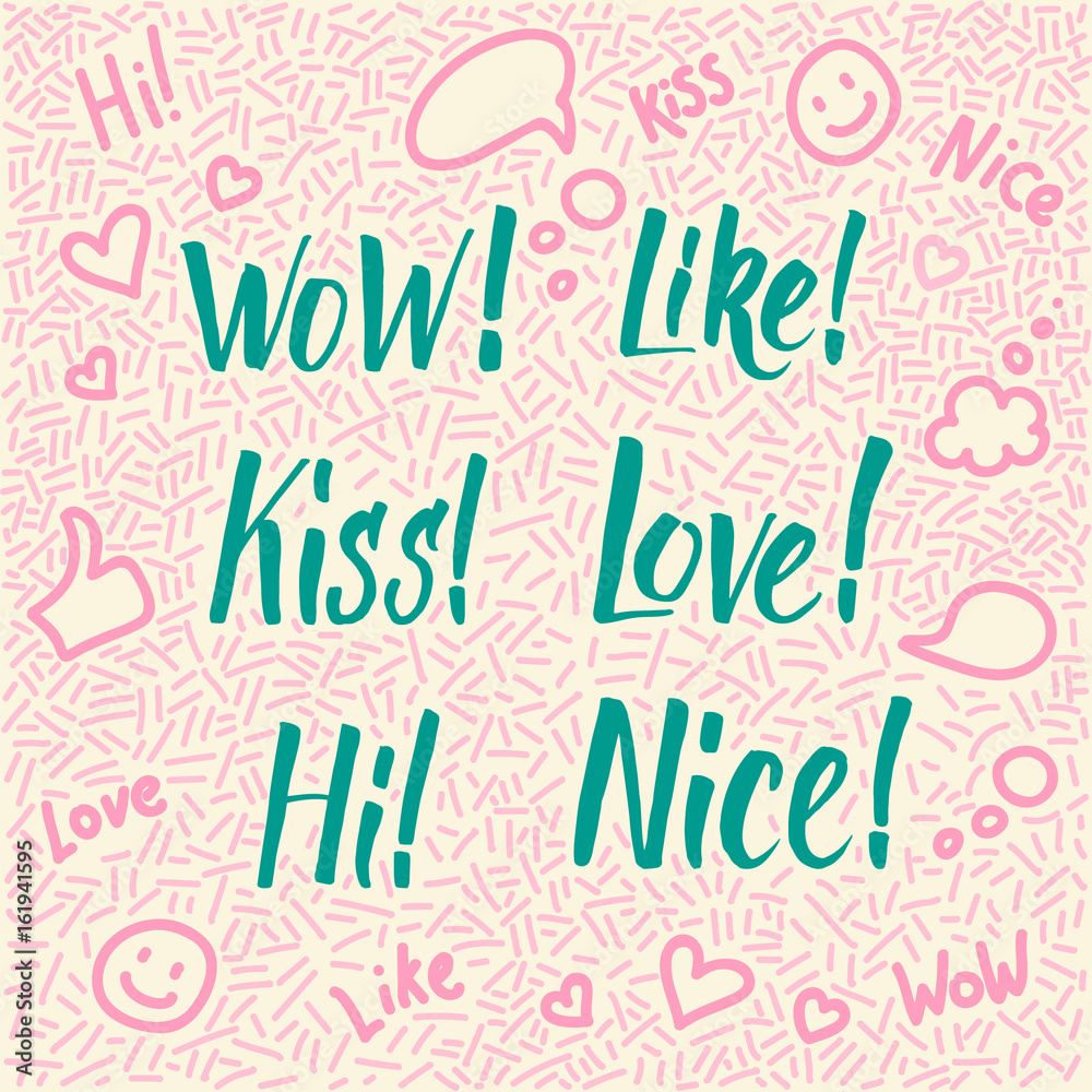 Line-art hand-drawn doodle set with modern calligraphy words Wow, kiss, Love, Like, Share, Hi, Nice!