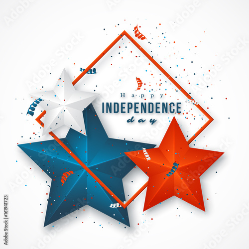 American independence day. Holiday background with frame, 3d stars and confetti. Vector illustration.