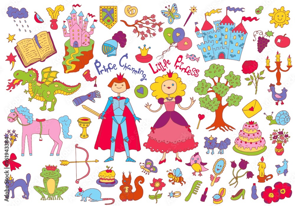 Colorful doodle set with prince and princess concept