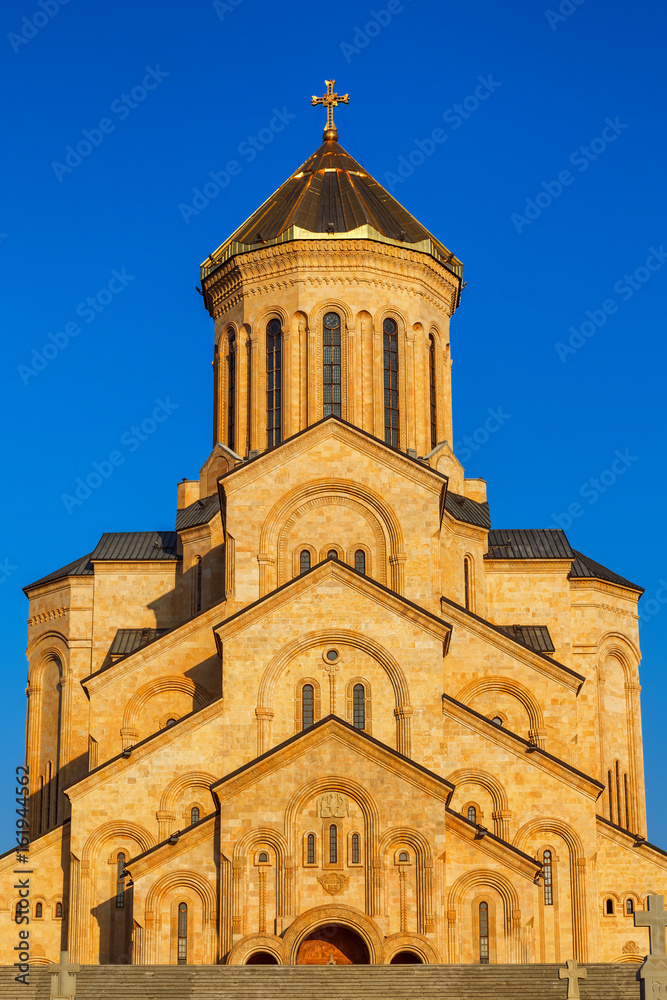 Tbilisi, Georgia - 8 October 2016: Main view Tbilisi Sameba Cathedral (Holy Trinity) biggest Orthodox Cathedral in Caucasus
