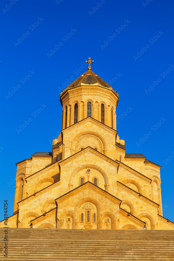 Tbilisi, Georgia - 8 October 2016: Main view Tbilisi Sameba Cathedral (Holy Trinity) biggest Orthodox Cathedral in Caucasus