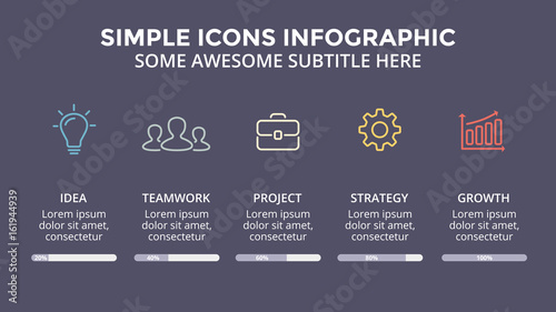 Vector icons minimal infographic, text diagram, flat percents status graph, presentation chart. Business concept with 5 options, parts, steps, processes. 16x9 dark slide template.