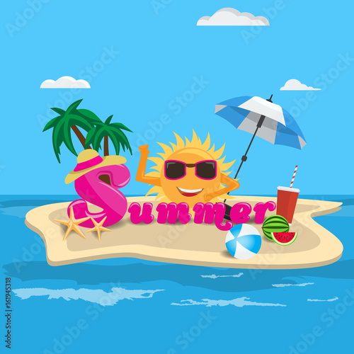 Summer vector banner design concept with summer cartoon calligraphy and beach island with summer elements.