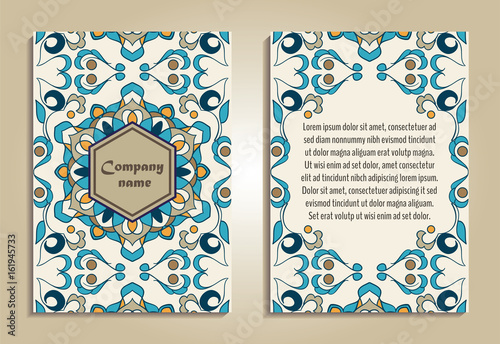 Vector set of colorful brochure templates for business and invitation. Portuguese, Moroccan; Azulejo; Arabic; asian ornaments