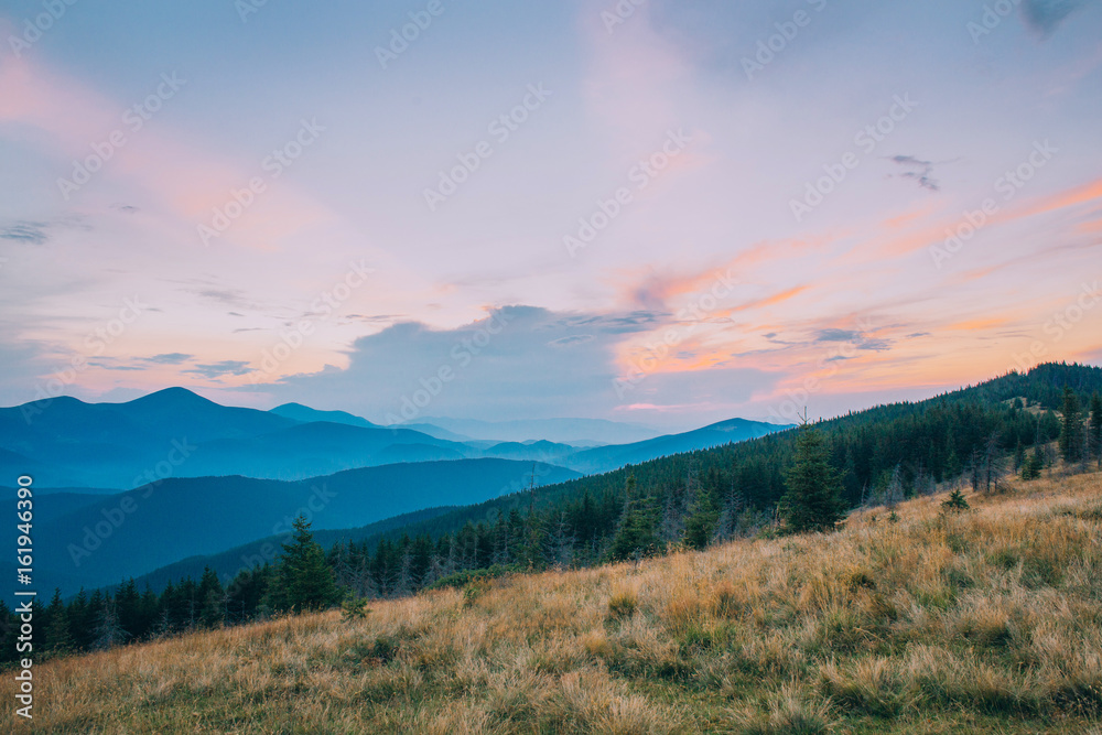 colorful sky with sun background in mountains. sunset, sunrise. Ukraine. Europe