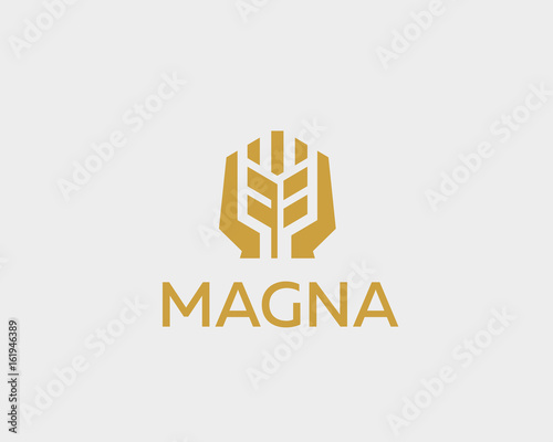 Ear vector logotype. Grain wheat with hands logo design.