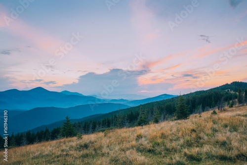 colorful sky with sun background in mountains. sunset, sunrise. Ukraine. Europe