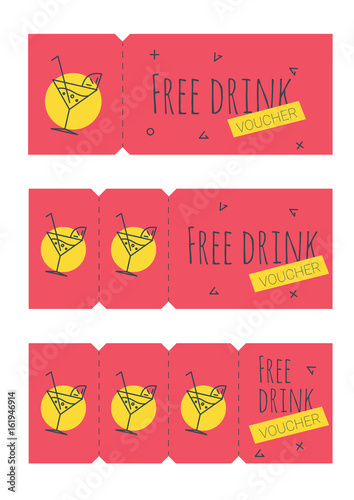 Vector set of coupons for beverages. Cocktail bar promo offer cards