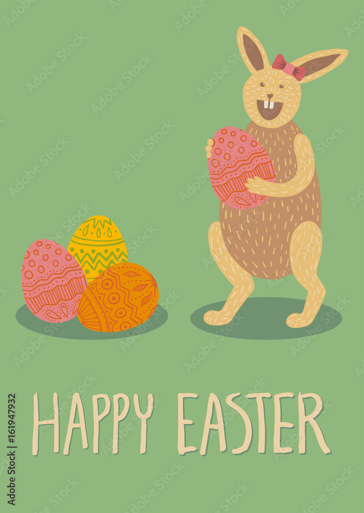 Fototapeta premium Happy Easter card with bunny and eggs