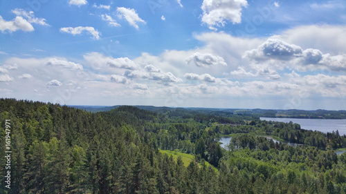 Picturesque view on the lake and forest at evening time just before the sunset. Sky and clouds reflected in water surface.Beautiful natural landscape. Panoramic view. The land of lakes. Europe.