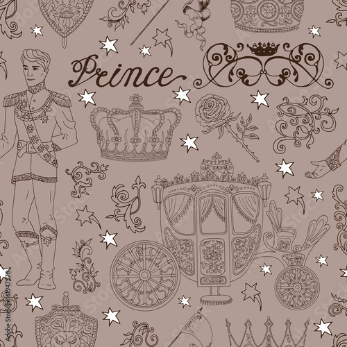 Vintage seamless background with prince and royal accessories
