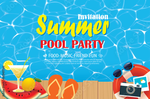 Pool party invitation poster with blue water and wooden. Vector summer illustration.