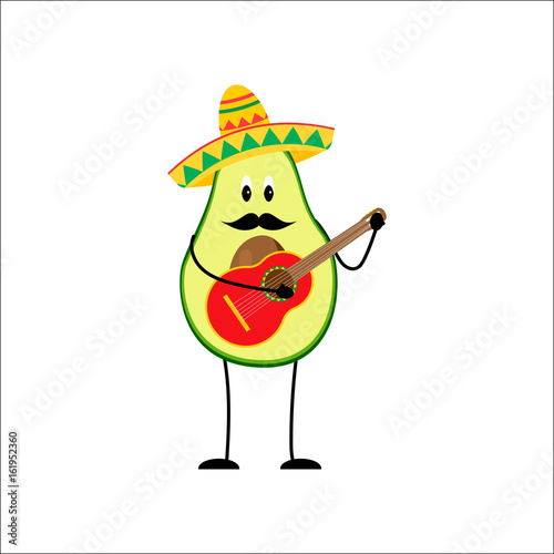 Funny avocado illustration with mexican traditional attributes.