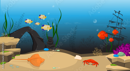 Underwater world background. Underwater landscape with sunken ship and marine life.
