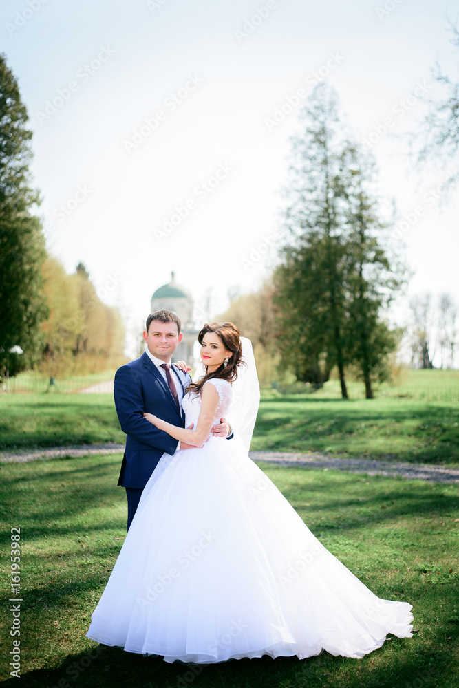 Groom hugs pretty bride standing on the lawn