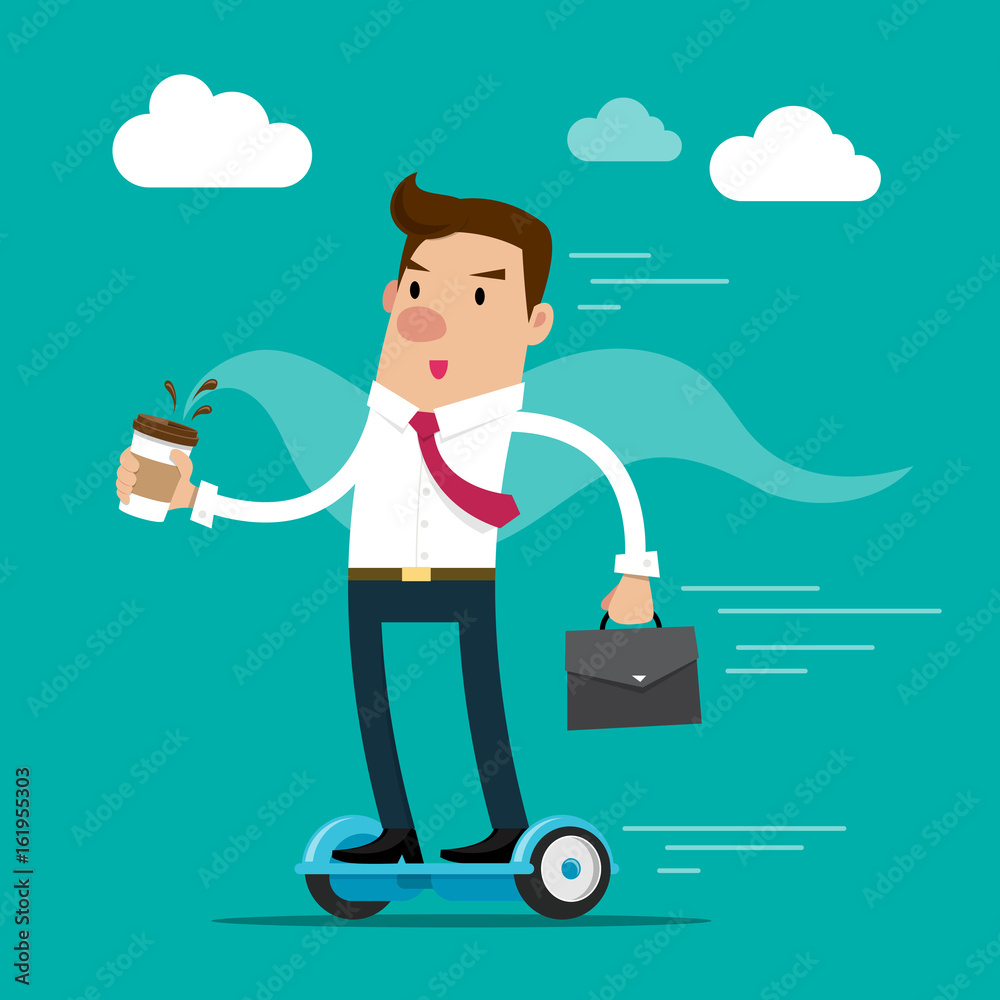 Businessman holding a cup of coffee and briefcase going to work by hoverboard. Isolated vector illustration. Businessman holding a cup of coffee and briefcase going to work by hoverboard. Isolated vector illustration.