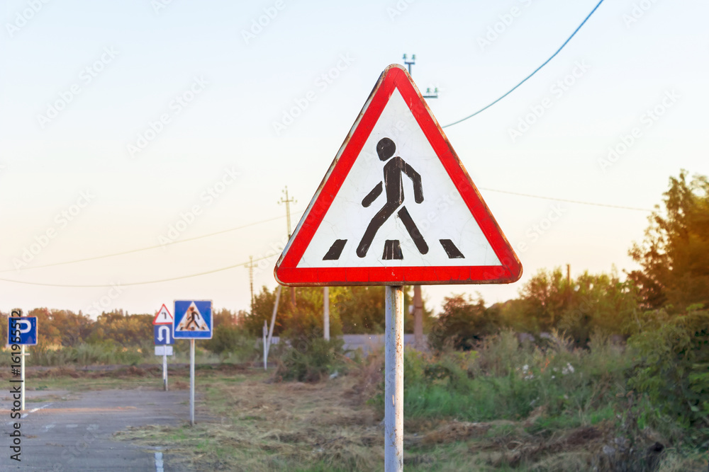 Pedestrian crossing alert traffic sign, various road signs, driving school training ground