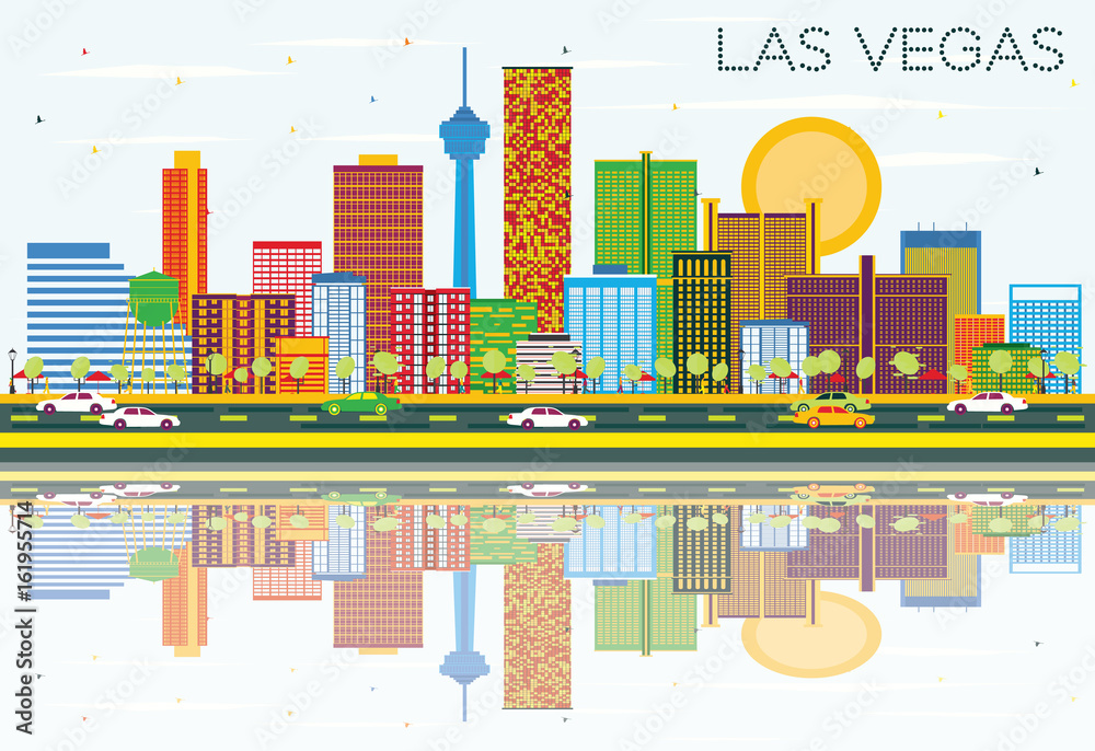 Las Vegas Skyline with Color Buildings, Blue Sky and Reflections.