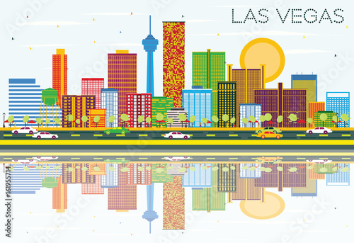 Las Vegas Skyline with Color Buildings, Blue Sky and Reflections.