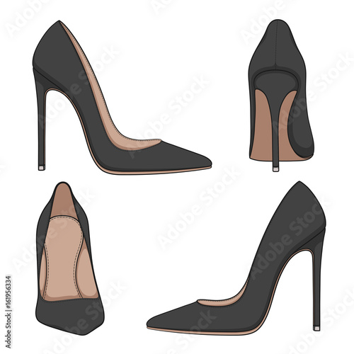 Female black classic shoes with heels. Set of vector color illustrations on a white background.