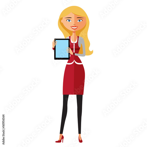 Blond business lady character using tablet young banker with tablet vector isolated on white